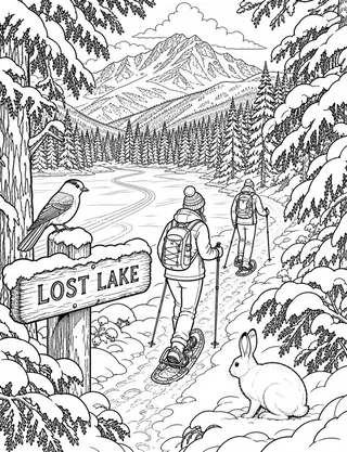 Detailed colouring page of Valley Trail Family Bicycle Ride featuring Valley Trail sign