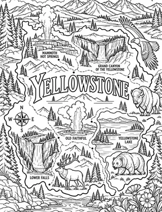 Illustrated travel map of Yellowstone landmarks and attractions